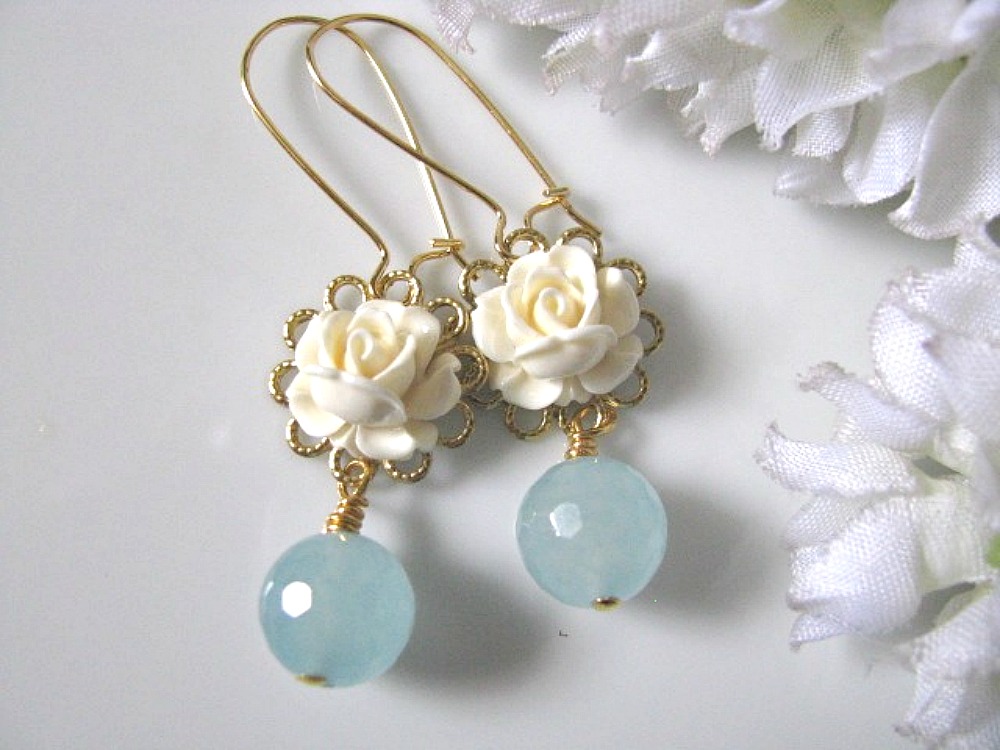 Vintage Cream Ivory Rose Flower And Blue Jade Drop Earrings