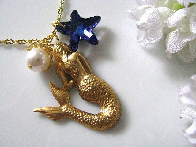 The Little Mermaid Necklace - Bermuda Blue Swarovski Starfish Crystal, Swarvoski White Pearl