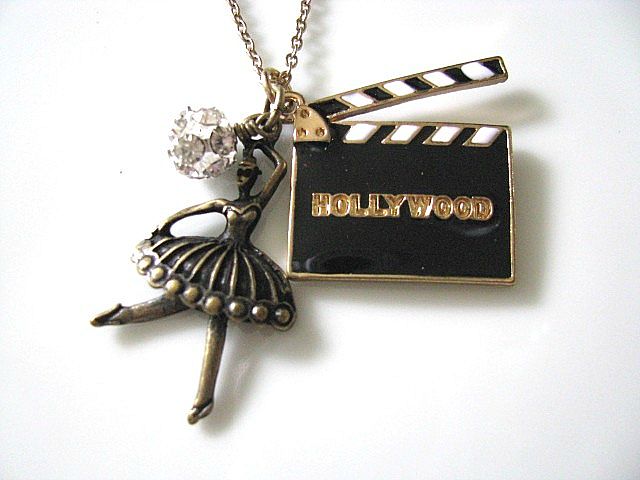 Hollywood Movies CUT Film Clapperboard Necklace - Black White Gold, Ballet Dancer, Crystal Rhinestone Balls, Hollywood Glam
