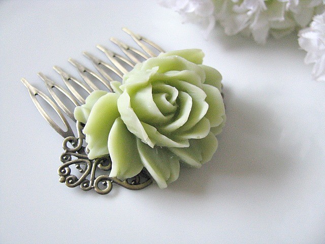 Nile Green Rose Flower Antique Brass Art Nouveau Filigree Hair Comb