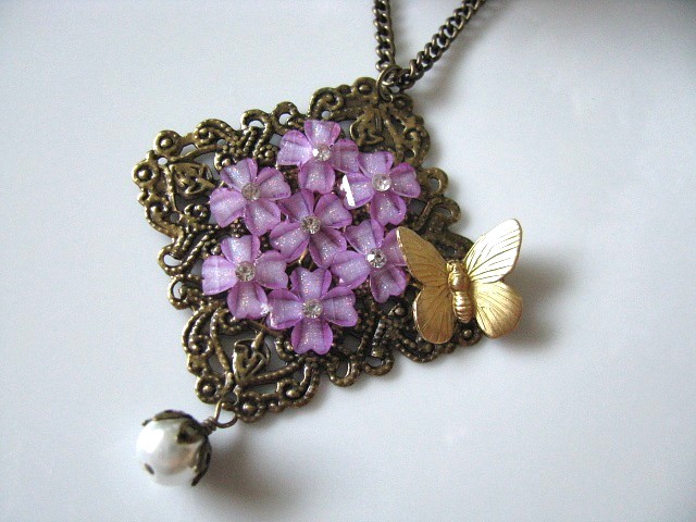 Lavender Flowers Vintage Collage Necklace With Brass Butterfly And White Glass Pearl - Romantic Purple, Antique Brass Filigree, Rhinestone Crystals