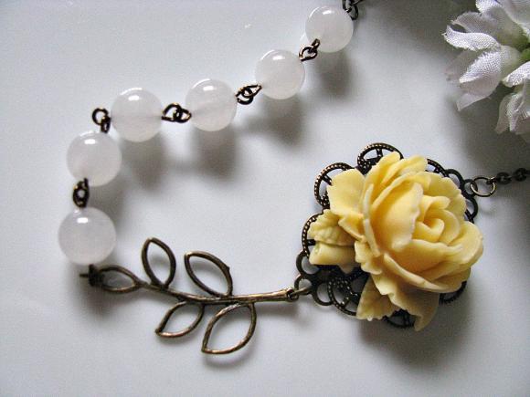 Light Yellow Rose With Round White Quartz Gemstone And Brass Filigree Leaves Branch Necklace