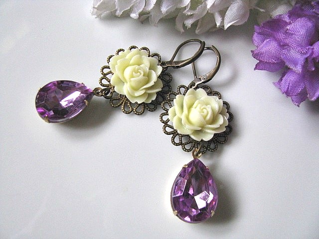 Ivory Cabbage Rose Flower With Vintage Faceted Light Amethyst Teardrops Glass Jewels Earrings - Gift For Her, Gift For Mum