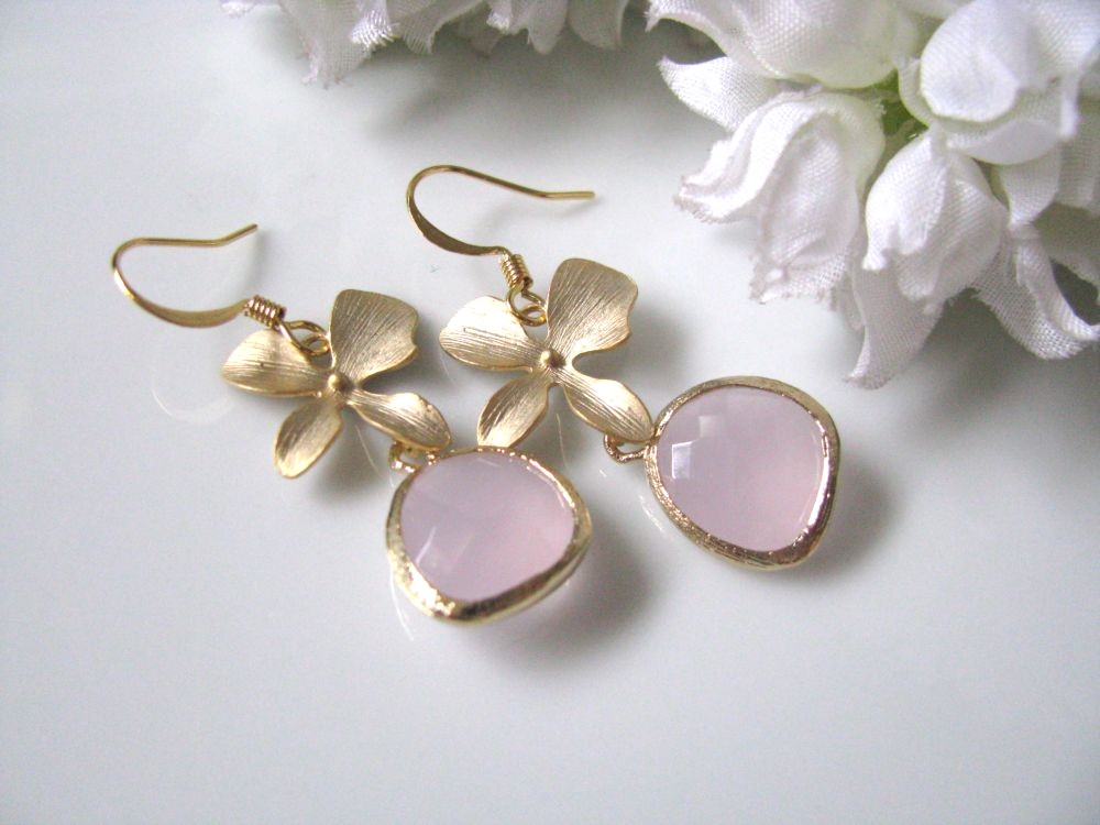 Orchid And Pink Rose Cut Glass Earrings In Gold