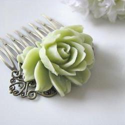 Nile Green Rose Flower Antique Brass Art Nouveau Filigree Hair Comb