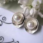 Matte Silver Lotus Leaf With Shell Pearls Ear Posts - Bride, Maid Of Honour, Bridesmaids