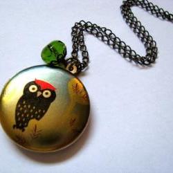 The Red Top Owl Altered Art Locket Necklace